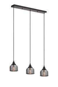 Arvo 3 Light Linear Pendant, E27, Satin Black/Prismatic Dome Glass, Smoke