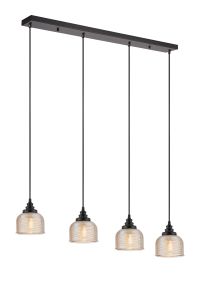 Arvo 4 Light Linear Pendant, E27, Satin Black/Prismatic Dome Glass, Amber