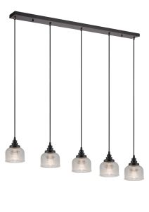 Arvo 5 Light Linear Pendant, E27, Satin Black/Prismatic Dome Glass, Clear