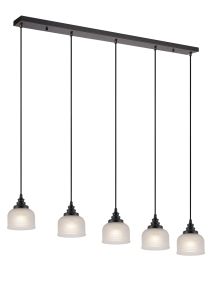 Arvo 5 Light Linear Pendant, E27, Satin Black/Prismatic Dome Glass, Frosted