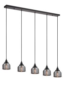 Arvo 5 Light Linear Pendant, E27, Satin Black/Prismatic Dome Glass, Smoke
