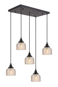 Arvo 5 Light Rectangular Pendant, E27, Satin Black/Prismatic Dome Glass, Amber