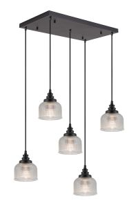 Arvo 5 Light Rectangular Pendant, E27, Satin Black/Prismatic Dome Glass, Clear