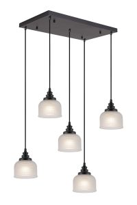 Arvo 5 Light Rectangular Pendant, E27, Satin Black/Prismatic Dome Glass, Frosted