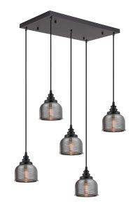Arvo 5 Light Rectangular Pendant, E27, Satin Black/Prismatic Dome Glass, Smoke