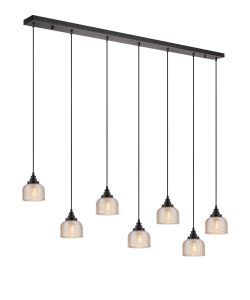 Arvo 7 Light Linear Pendant, E27, Satin Black/Prismatic Dome Glass, Amber