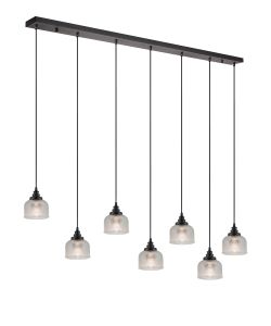 Arvo 7 Light Linear Pendant, E27, Satin Black/Prismatic Dome Glass, Clear