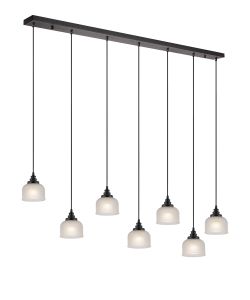 Arvo 7 Light Linear Pendant, E27, Satin Black/Prismatic Dome Glass, Frosted