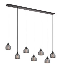 Arvo 7 Light Linear Pendant, E27, Satin Black/Prismatic Dome Glass, Smoke