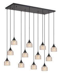 Arvo 12 Light Rectangular Pendant, E27, Satin Black/Prismatic Dome Glass, Amber Item Weight: 16kg