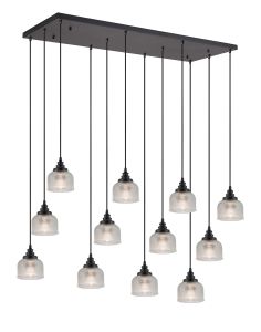 Arvo 12 Light Rectangular Pendant, E27, Satin Black/Prismatic Dome Glass, Clear Item Weight: 16.1kg