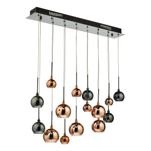 Aureribollita 15 Light G4 Polished Black Chrome Adjustable Linear Bar Pendant With Copper, Dark Copper & Bronze Glass Shades