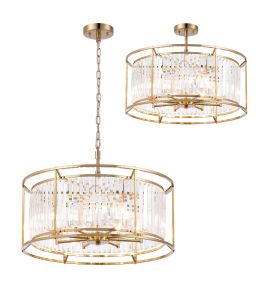 Munito IP 65cm Pendant / Semi Ceiling Convertible, 8 x G9, IP44, Gold / Clear