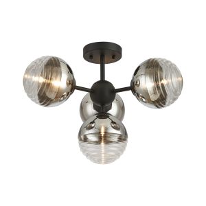 Fiorella 51cm Semi-Flush Multi Arm Ceiling Light, 4 x G9, Satin Black/Chrome/Clear Two-Tone Round Spiral Glass (A)