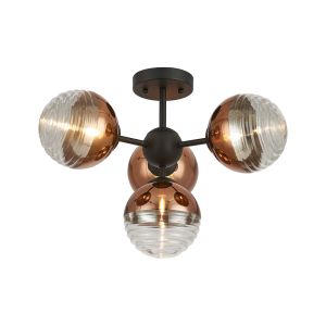 Fiorella 51cm Semi-Flush Multi Arm Ceiling Light, 4 x G9, Satin Black/Copper/Clear Two-Tone Round Spiral Glass (A)