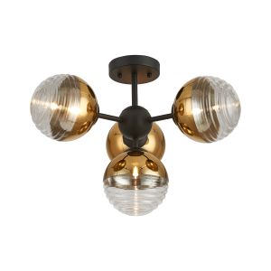 Fiorella 51cm Semi-Flush Multi Arm Ceiling Light, 4 x G9, Satin Black/Gold/Clear Two-Tone Round Spiral Glass (A)