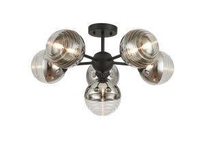 Fiorella 62cm Semi-Flush Multi Arm Ceiling Light, 6 x G9, Satin Black/Chrome/Clear Two-Tone Round Spiral Glass (A)