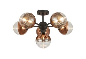 Fiorella 62cm Semi-Flush Multi Arm Ceiling Light, 6 x G9, Satin Black/Copper/Clear Two-Tone Round Spiral Glass (A)