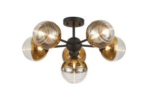 Fiorella 62cm Semi-Flush Multi Arm Ceiling Light, 6 x G9, Satin Black/Gold/Clear Two-Tone Round Spiral Glass (A)