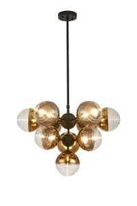 Fiorella Telescopic Multi Arm Pendant, 10 x G9, Satin Black/Gold/Clear Two-Tone Round Spiral Glass (A)