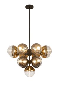 Fiorella Telescopic Multi Arm Pendant, 13 x G9, Satin Black/Black/Gold/Clear Two-Tone Round Spiral Glass (A)