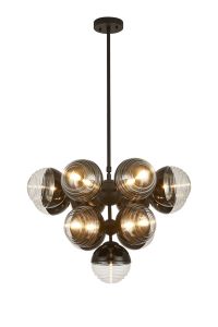 Fiorella Telescopic Multi Arm Pendant, 13 x G9, Satin Black/Black/Clear Two-Tone Round Spiral Glass (A)