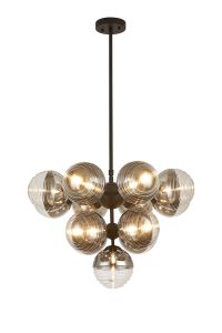 Fiorella Telescopic Multi Arm Pendant, 13 x G9, Satin Black/Chrome/Clear Two-Tone Round Spiral Glass (A)