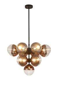 Fiorella Telescopic Multi Arm Pendant, 13 x G9, Satin Black/Copper/Clear Two-Tone Round Spiral Glass (A)
