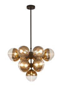 Fiorella Telescopic Multi Arm Pendant, 13 x G9, Satin Black/Gold/Clear Two-Tone Round Spiral Glass (A)