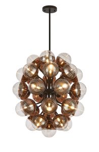 Fiorella 74cm Fixed Multi Arm Sphere Pendant, 35 x G9, Satin Black/Copper/Clear Two-Tone Round Spiral Glass (A)
