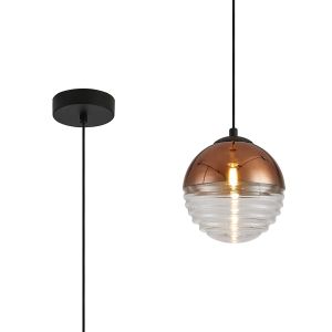 Fiorella 15cm Single Pendant, 1 x G9, Satin Black/Copper/Clear Two-Tone Round Spiral Glass (A)