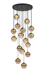 Fiorella 68cm Pendant, 16 x G9, Satin Black/Gold/Clear Two-Tone Round Spiral Glass (A)