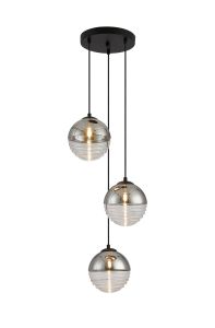 Fiorella 31cm Round Pendant, 3 x G9, Satin Black/Chrome/Clear Two-Tone Round Spiral Glass (A)