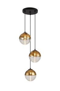 Fiorella 31cm Round Pendant, 3 x G9, Satin Black/Gold/Clear Two-Tone Round Spiral Glass (A)