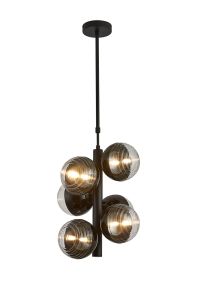 Fiorella Vertical Linear Telescopic Pendant, 6 x G9, Satin Black/Black/Clear Two-Tone Round Spiral Glass (A)