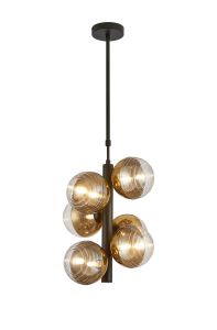 Fiorella Vertical Linear Telescopic Pendant, 6 x G9, Satin Black/Gold/Clear Two-Tone Round Spiral Glass (A)