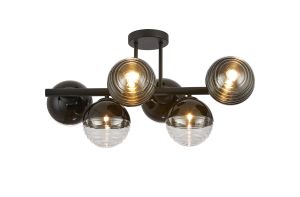 Fiorella Semi-Flush Ceiling Light, 6 x G9, Satin Black/Black/Clear Two-Tone Round Spiral Glass (A)