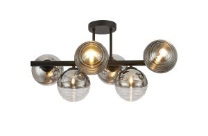 Fiorella Semi-Flush Ceiling Light, 6 x G9, Satin Black/Chrome/Clear Two-Tone Round Spiral Glass (A)