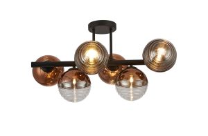 Fiorella Semi-Flush Ceiling Light, 6 x G9, Satin Black/Copper/Clear Two-Tone Round Spiral Glass (A)