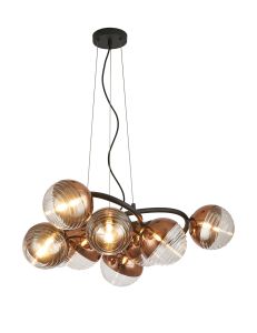 Fiorella 88cm Twisted Pendant, 9 x G9, Satin Black/Copper/Clear Two-Tone Round Spiral Glass (A)