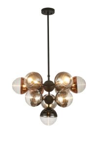 Fiorella Telescopic Multi Arm Pendant, 10 x G9, Satin Black/Black/Chrome/Copper/Clear Two-Tone Round Spiral Glass (A)