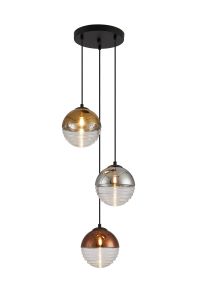 Fiorella 31cm Round Pendant, 3 x G9, Satin Black/Chrome/Copper/Gold/Clear Two-Tone Round Spiral Glass (A)