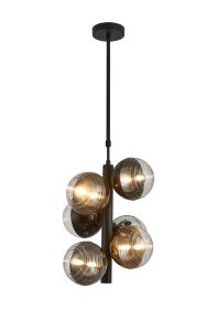 Fiorella Vertical Linear Telescopic Pendant, 6 x G9, Satin Black/Black/Chrome/Copper/Gold/Clear Two-Tone Round Spiral Glass (A)