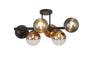 Fiorella Semi-Flush Ceiling Light, 6 x G9, Satin Black/Black/Copper/Gold/Clear Two-Tone Round Spiral Glass (A)