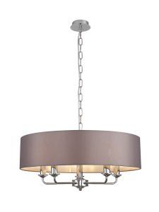 Banyan 5 Light Multi Arm Pendant, With 1.5m Chain, E14 Polished Chrome With 60cm x 15cm Faux Silk Shade, Grey