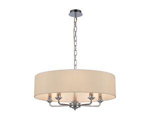 Banyan 5 Light Multi Arm Pendant, With 1.5m Chain, E14 Polished Chrome With 60cm x 15cm Faux Silk Shade, Ivory Pearl/White Laminate