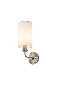 Banyan 1 Light Switched Wall Lamp, E14 Antique Brass With 12cm Faux Silk Shade, White
