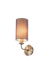 Banyan 1 Light Switched Wall Lamp, E14 Antique Brass With 12cm Faux Silk Shade, Grey