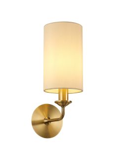 Banyan 1 Light Switched Wall Lamp, E14 Antique Brass With 12cm Faux Silk Shade, Ivory Pearl/White Laminate