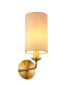 Banyan 1 Light Switched Wall Lamp, E14 Antique Brass With 12cm Dual Faux Silk Shade, Nude Beige/Moonlight